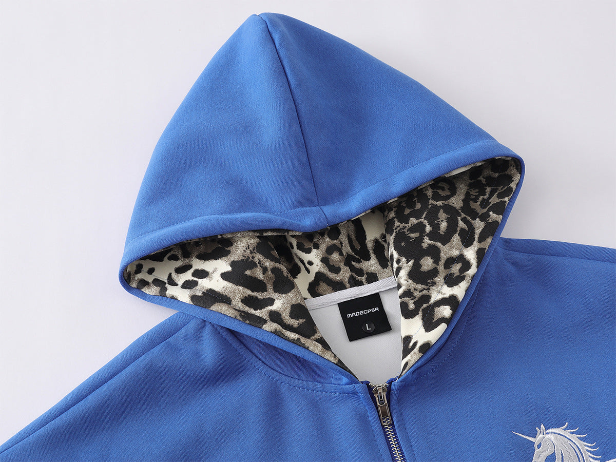Ace Unicorn Zip-Up Hoodie & Wide-Leg Sweatpants Set with Leopard-Print Lining