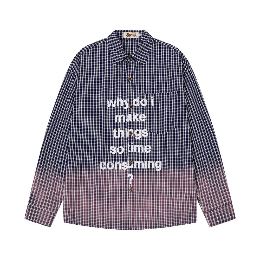 Camisa de manga larga con degradado de cuadros – Corte oversize con estampado de letras