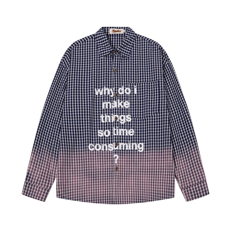 Camisa de manga larga con degradado de cuadros – Corte oversize con estampado de letras