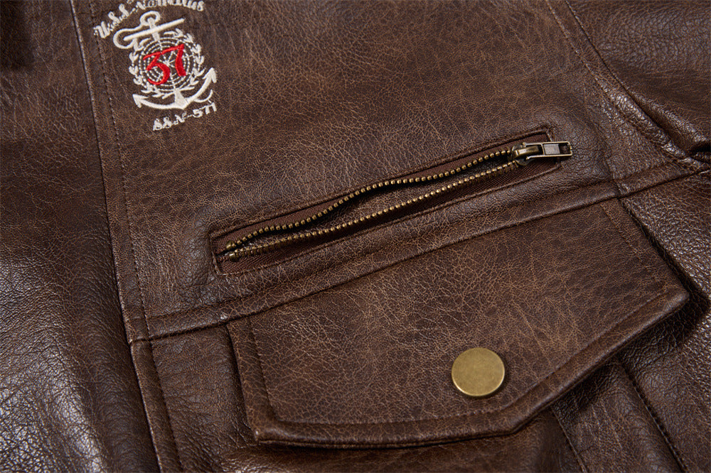 Vintage-Bomberjacke aus PU-Leder für Herren – Braun, Used-Look, mehrere Taschen, Moto-Stil