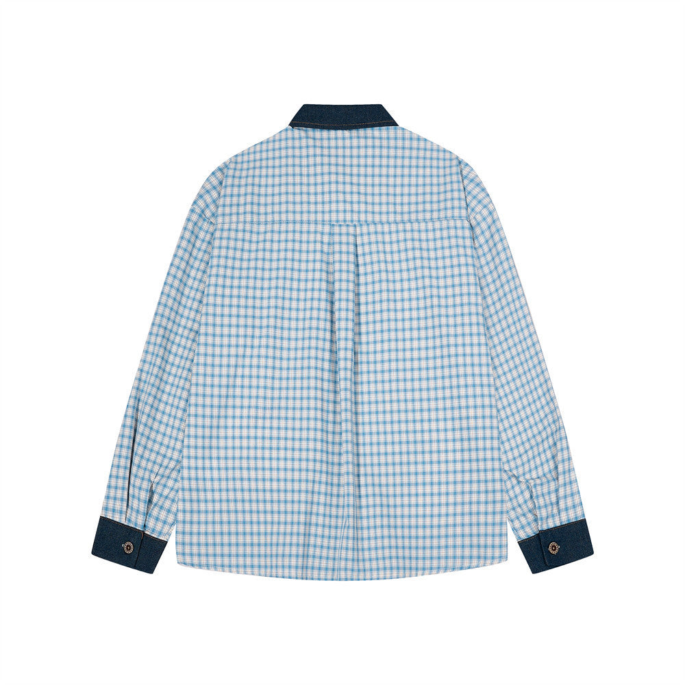 Chemise homme boutonnée à manches longues – Carreaux et empiècements en jean brodés cartoon