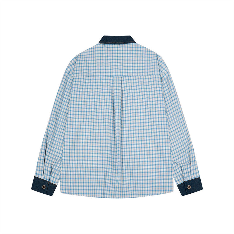 Chemise homme boutonnée à manches longues – Carreaux et empiècements en jean brodés cartoon