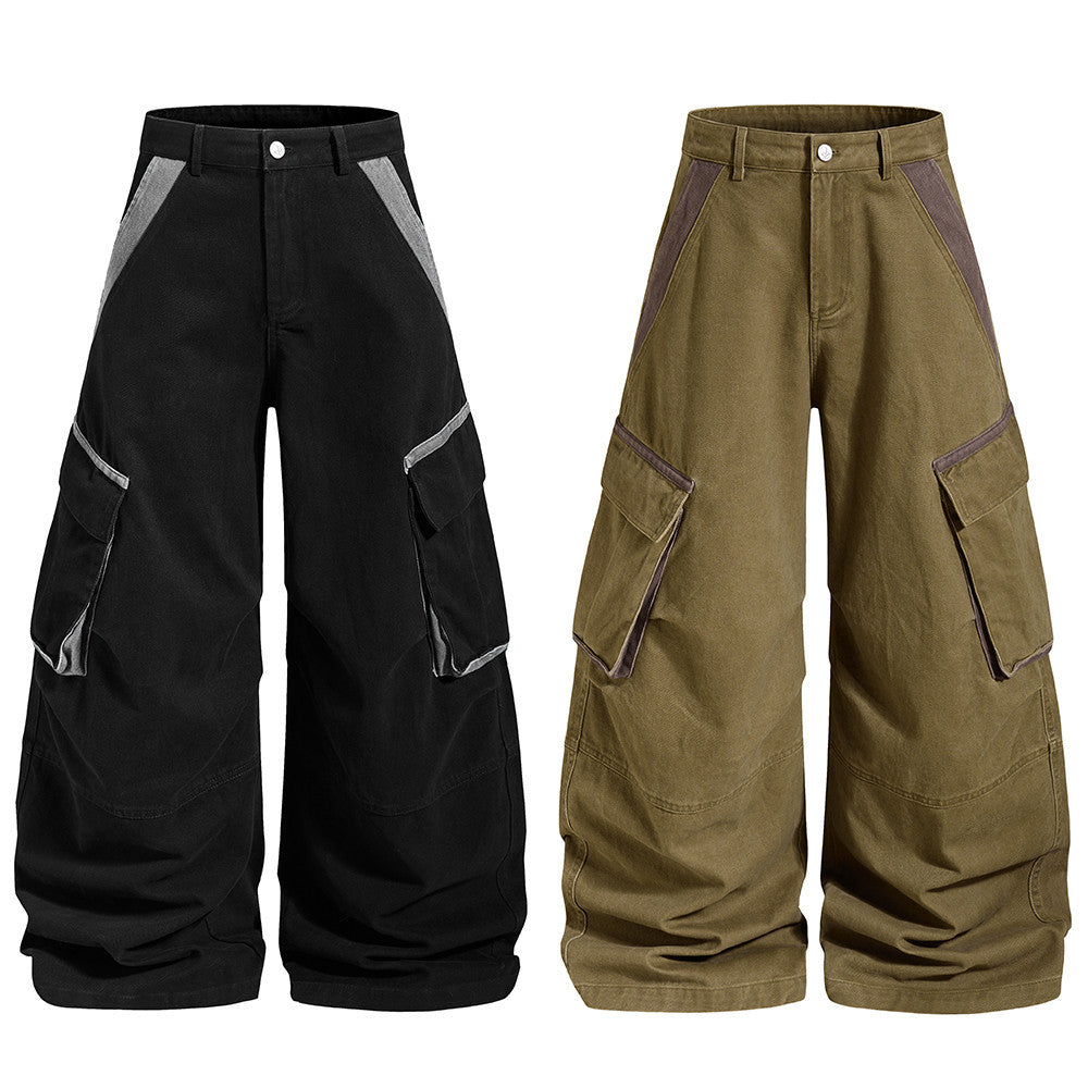 Wide-leg cargo pants with contrast panel inserts and multi flap pockets in black and khaki colorways