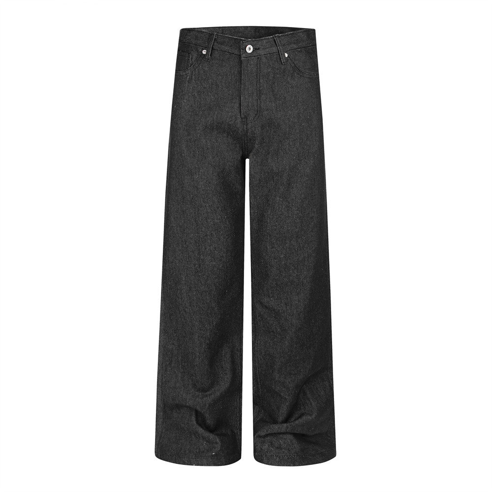 Wide-Leg-Raw-Denim-Jeans – Schwarze Herrenjeans mit Stern-Patches, Straight Fit