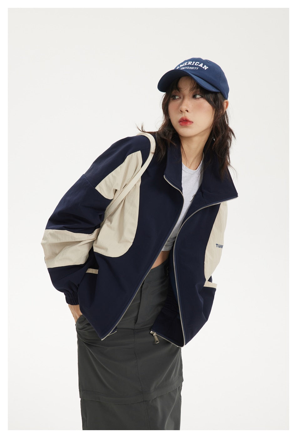 Colorblock Zip-Up Track Jacket — Oversized Retro Varsity Style