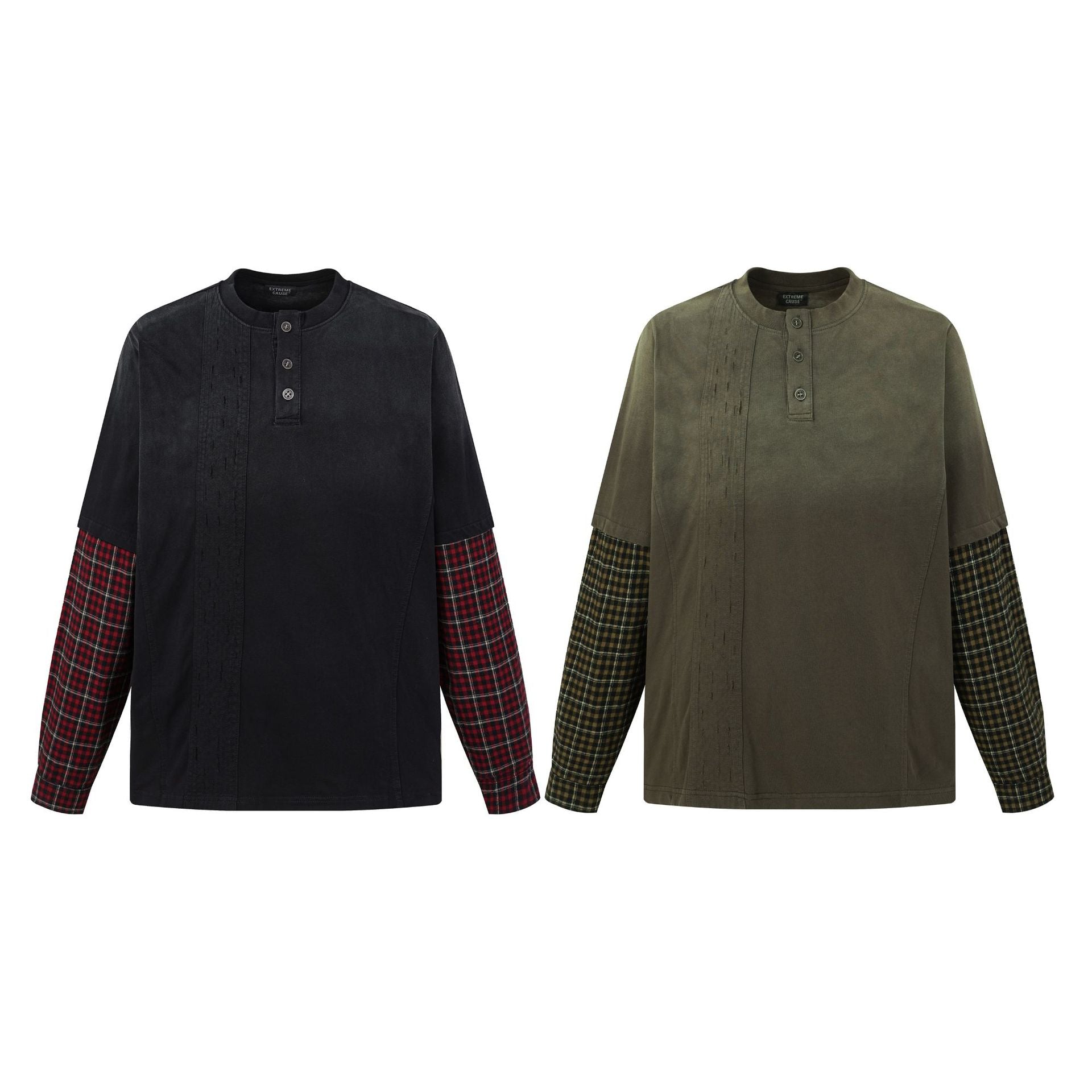 Camisa Henley de manga larga con lavado ácido y mangas de cuadros en contraste – Efecto dos piezas