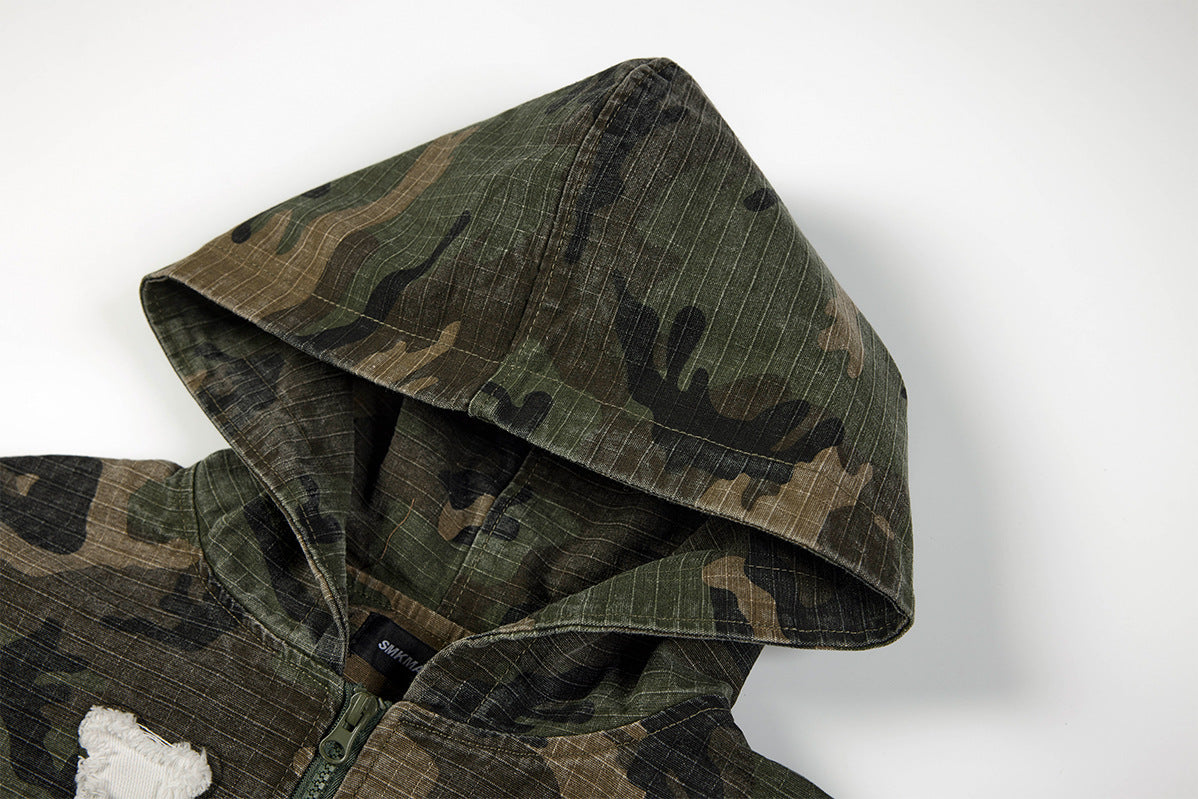 Camo NY Zip-Up Hoodie Jacket with Chenille Patch Letters