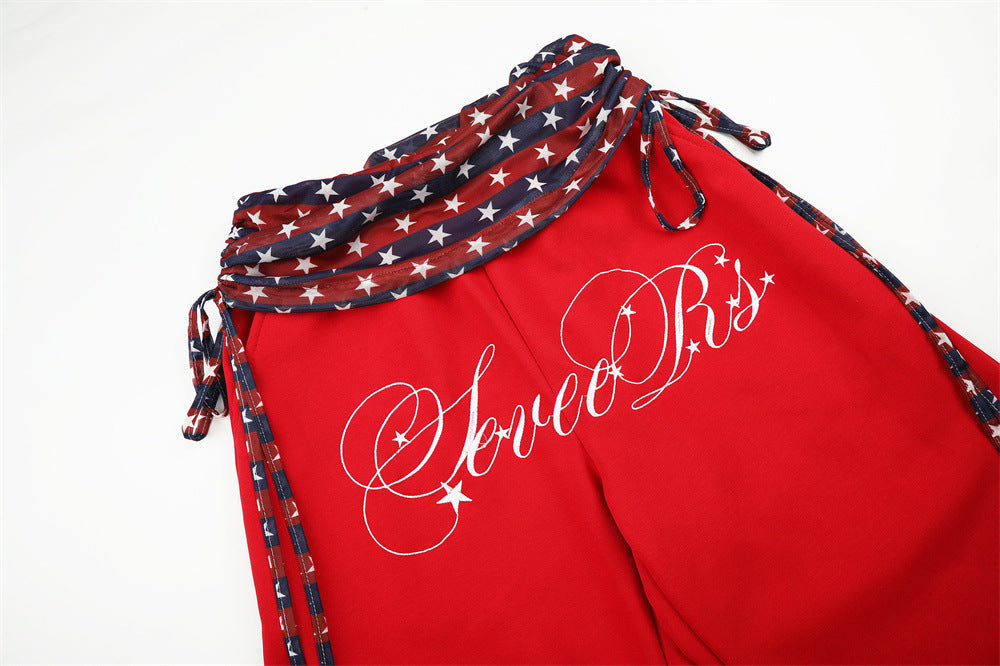 Wide-Leg Star & Stripe Waistband Pants with Side Drawstring Detail