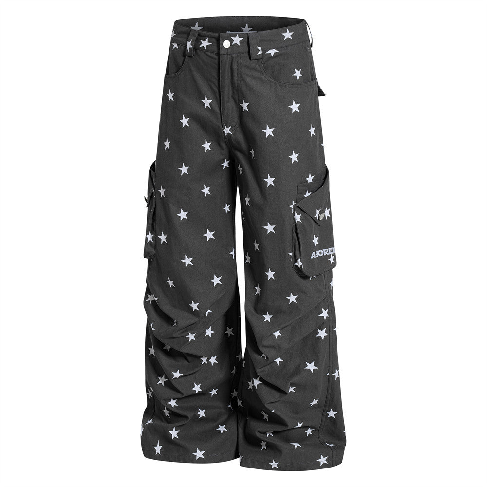 Star Print Wide-Leg Cargo Pants – Relaxed Fit Parachute Trousers