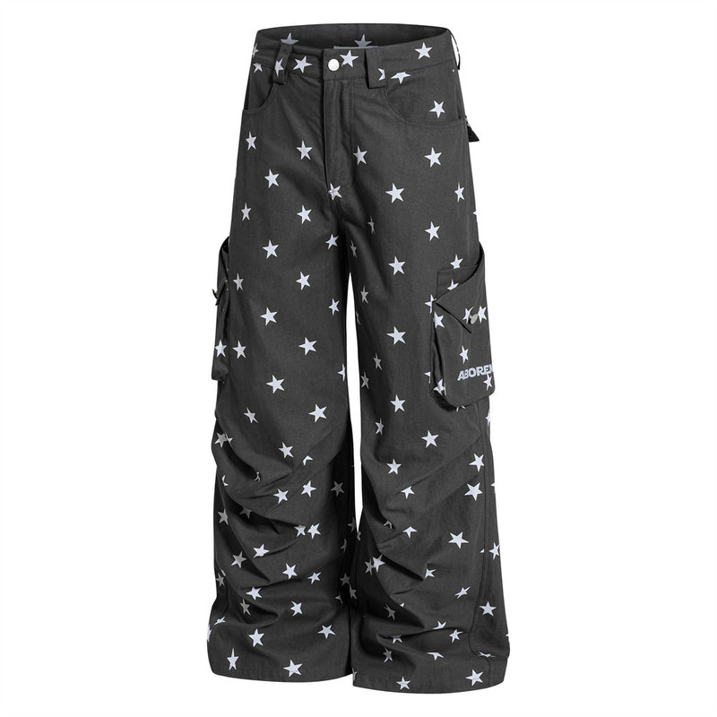 Star Print Wide-Leg Cargo Pants – Relaxed Fit Parachute Trousers
