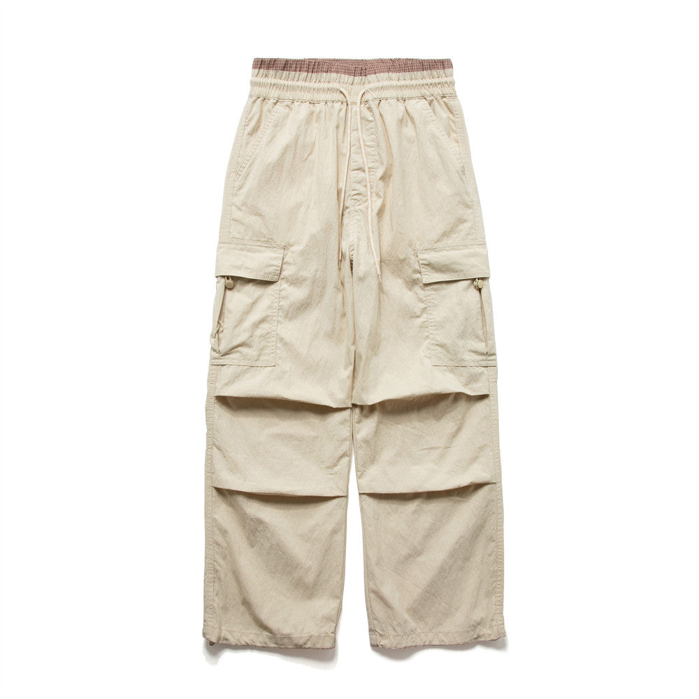 Men's Wide-Leg Cargo Pants with Double Waistband & Drawstring