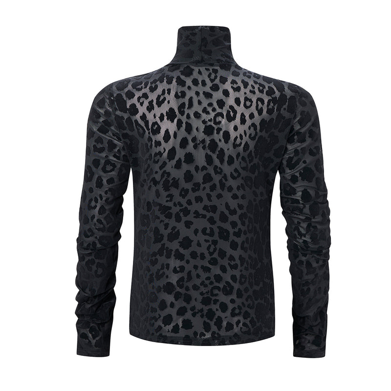 Leopard Print Turtleneck Long Sleeve Slim-Fit Shirt