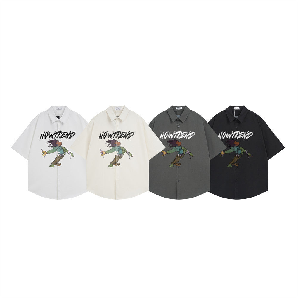 NOWTREND Graphic Print Short-Sleeve Shirt – Oversized Hip-Hop Button-Up