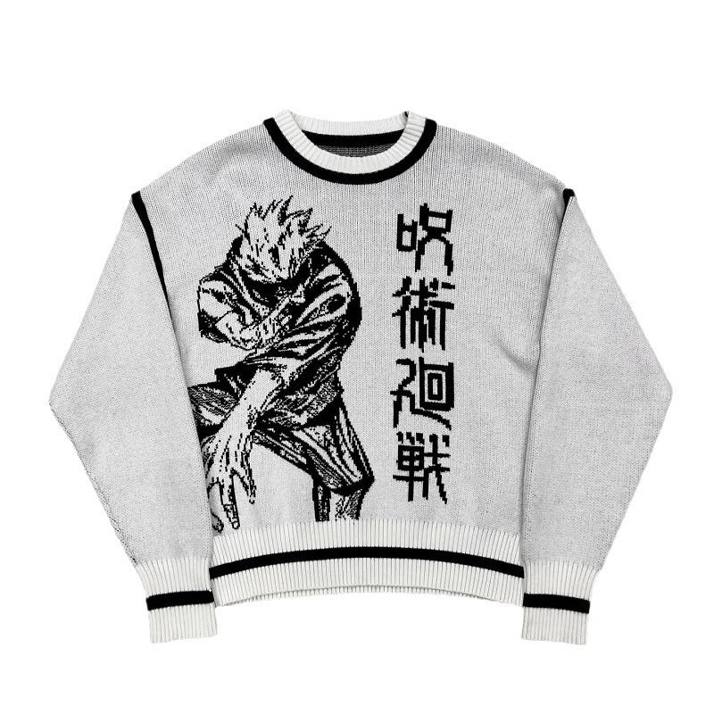 The Premium Sukuna-Inspired Knit Sweater by Jujutsu Kaisen features a dynamic anime character graphic with Japanese characters. This gray knit sweater is accented with black and white trim, embodying the iconic style of Jujutsu Kaisen&