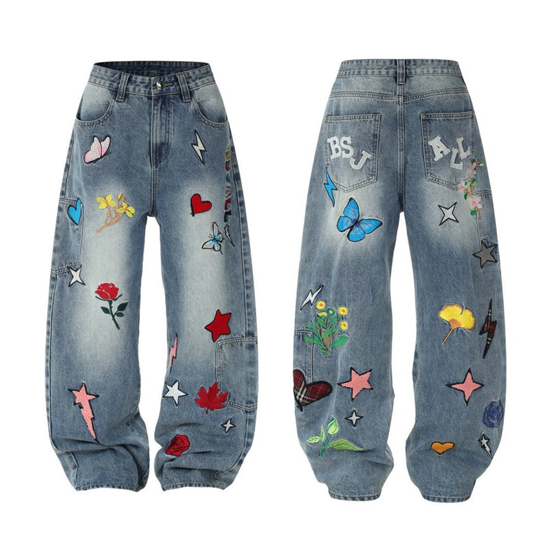 Vaqueros baggy de pierna ancha con flores bordadas, mariposas y motivos de patchwork