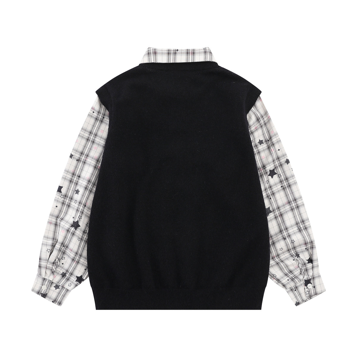 Sweet Cat Fuzzy Knit Sweater with Plaid Shirt Layered Pullover
