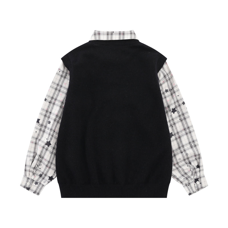 Sweet Cat Fuzzy Knit Sweater with Plaid Shirt Layered Pullover