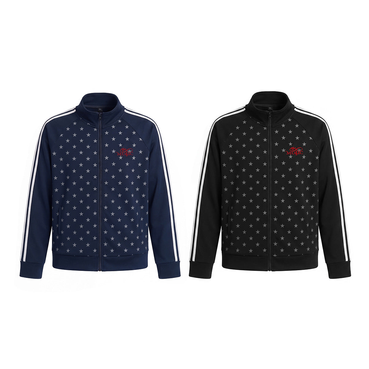 Chaqueta Deportiva con Estrellas – Cremallera Completa, Cuello Alto y Rayas Laterales