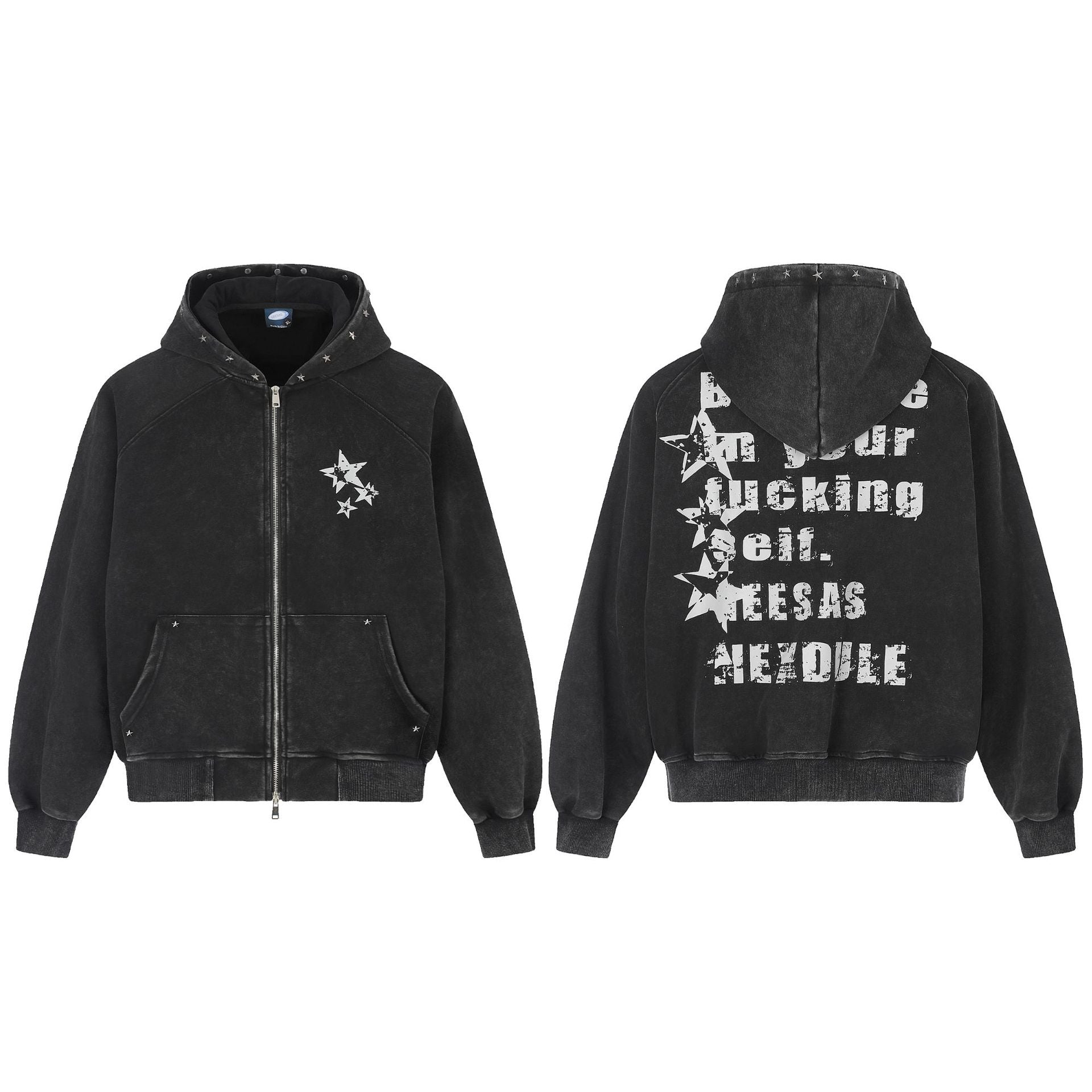 Zip-Up Grey Hoodie Washed Punk Star Graphic Zip Hoodie with Rivet Details