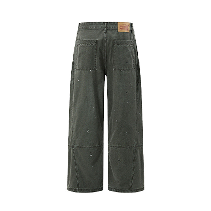 Baggy Cargo Pants Men – Olive Green Paint-Splatter Deconstructed Workwear