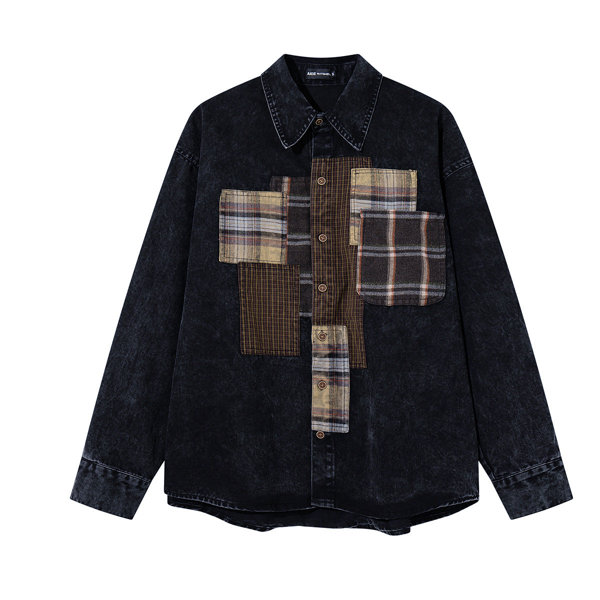 Oversized acid-washed denim shirt with geometric plaid flannel patchwork panels in black colorway, front view