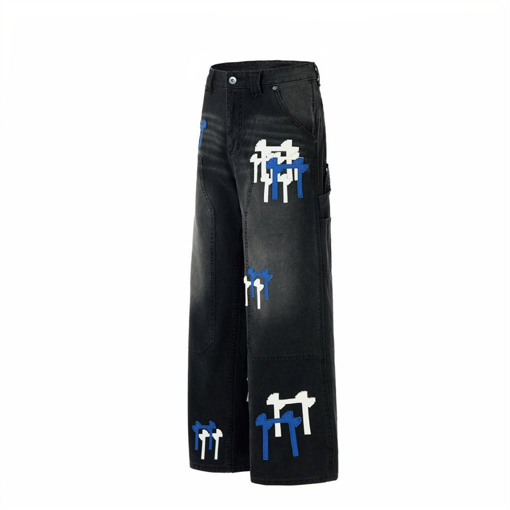 Black Washed Wide-Leg Cargo Jeans with Cross Embroidery Patches