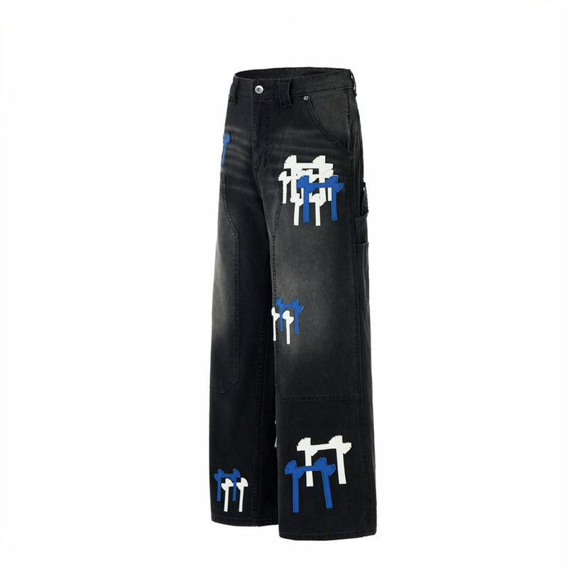 Black Washed Wide-Leg Cargo Jeans with Cross Embroidery Patches