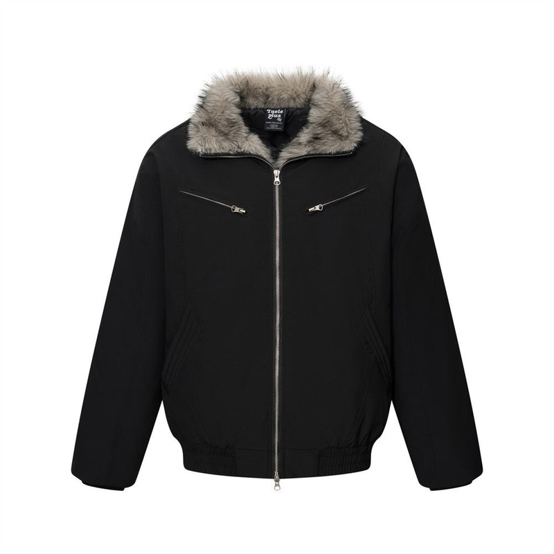 Men's Faux Fur Collar Bomber Jacket – Padded Winter Coat with Dual Zip Pockets