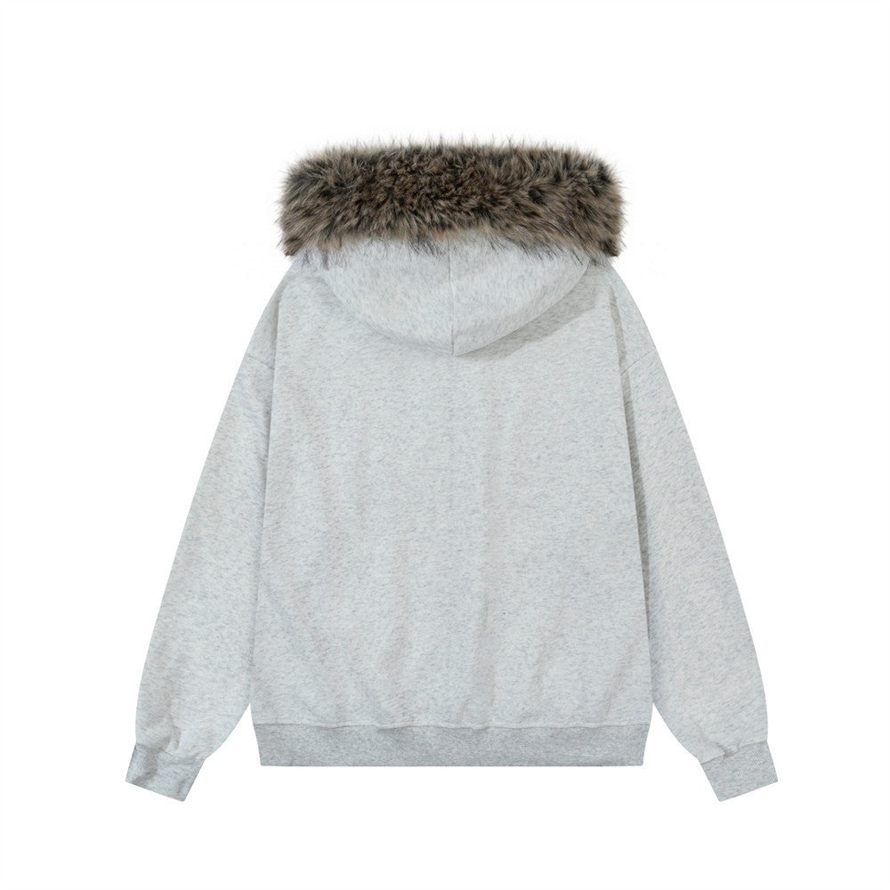 Fur-Trim Zip-Up Hoodie with Studded Skeleton Design – Oversized Streetwear