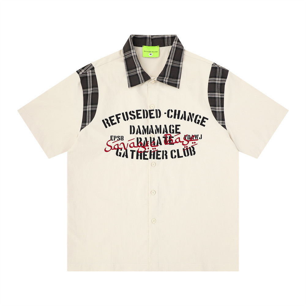 American Streetwear Plaid Patchwork Short Sleeve Shirt