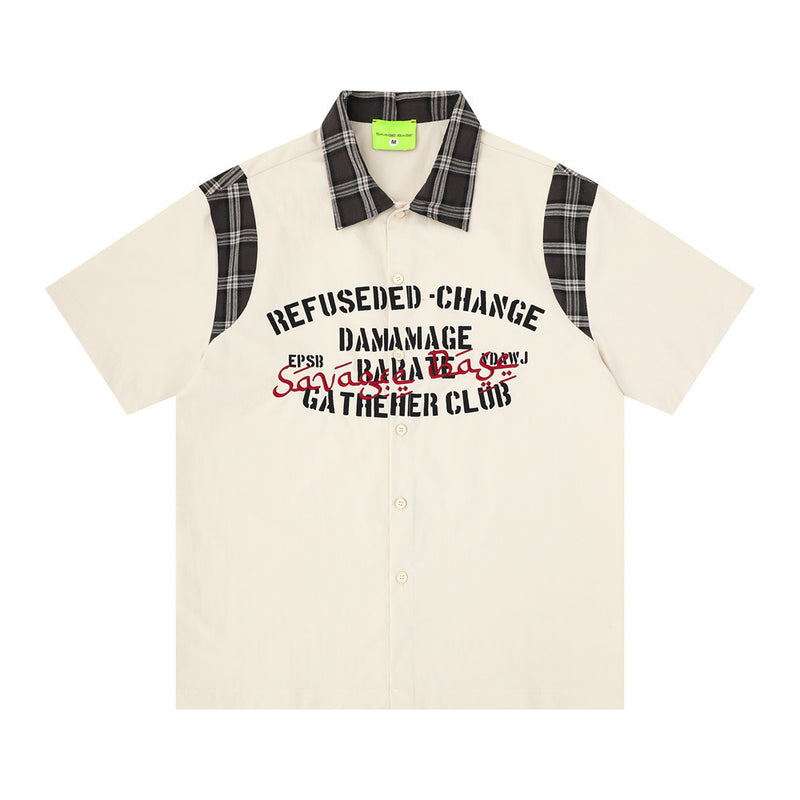 American Streetwear Plaid Patchwork Short Sleeve Shirt