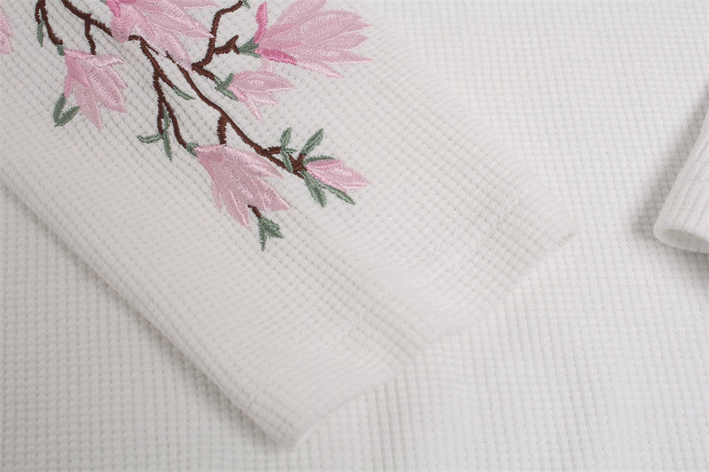 Mens Embroidered T Shirt – Floral Cherry Blossom Long Sleeve Crew Neck