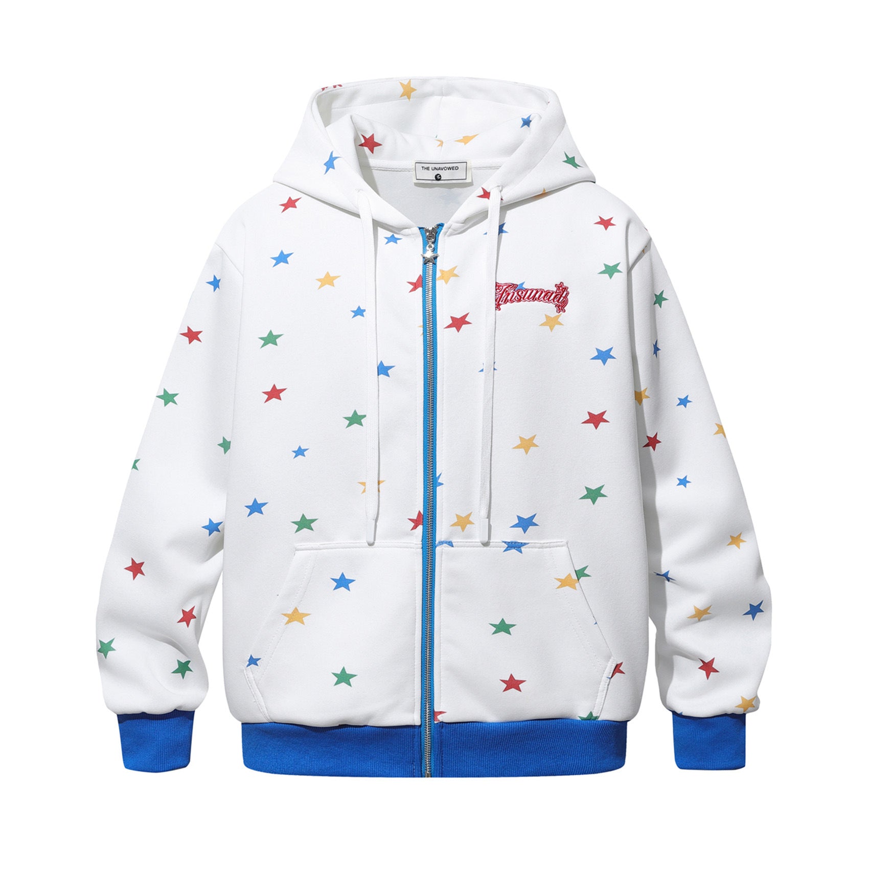 Hoodie mit Allover-Regenbogen-Sternenprint, Reißverschluss und kontrastierenden blauen Details