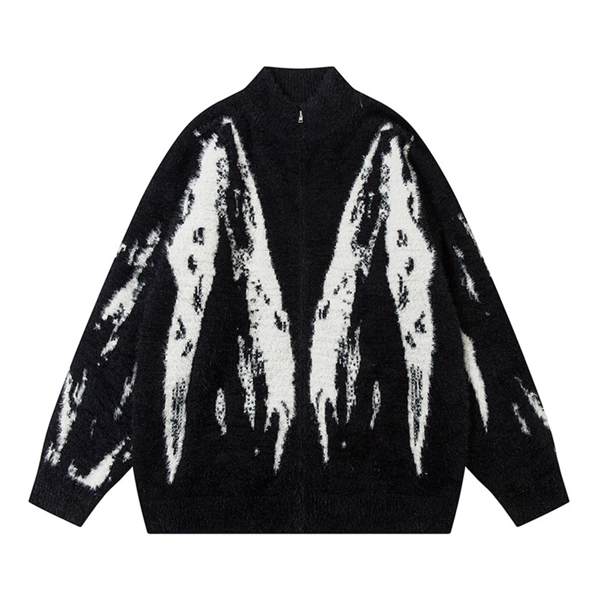 Butterfly Jacquard Zip-Up Knit Cardigan Sweater – Fuzzy Mohair-Style High Street
