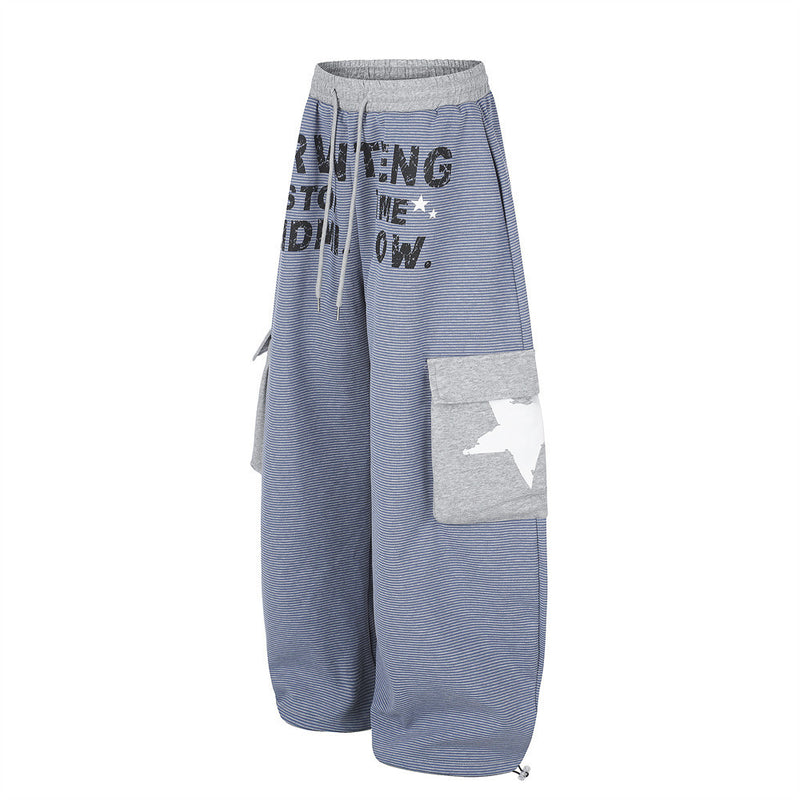 Wide-Leg Cargo Sweatpants with Letter Print & Star Patch Pockets