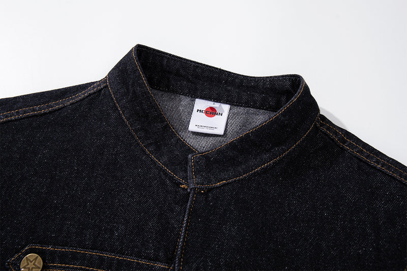 Military-Style Denim Jacket with Napoleon Stand Collar and Gold Star Buttons