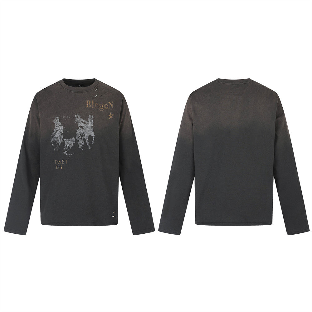 Black long sleeve crewneck T-shirt with horse graphic on front and plain back
