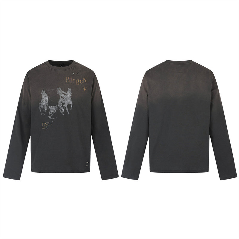 Black long sleeve crewneck T-shirt with horse graphic on front and plain back
