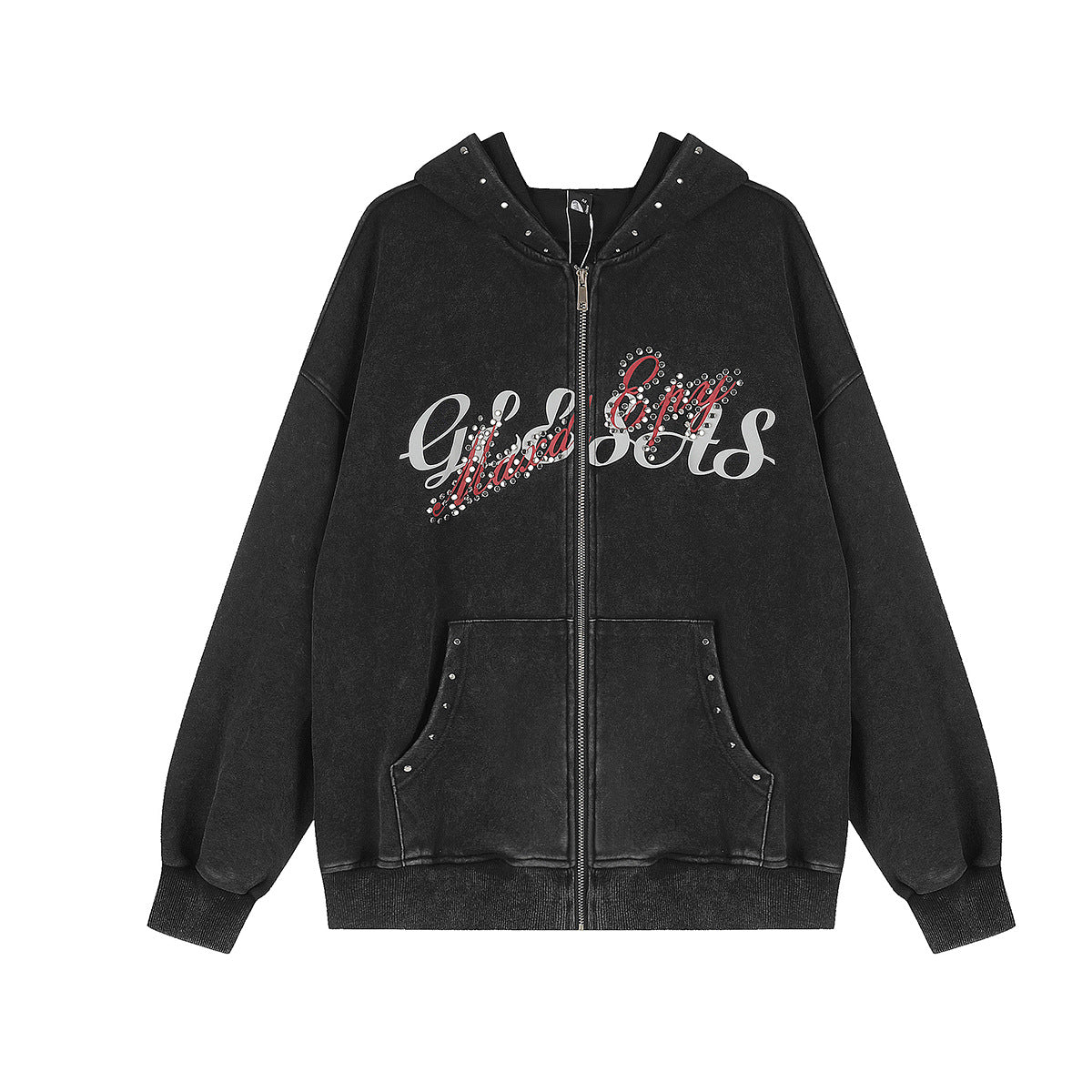 Oversized vintage washed zip-up hoodie with rhinestone script graphic and rivet accents, shown in washed black colorway