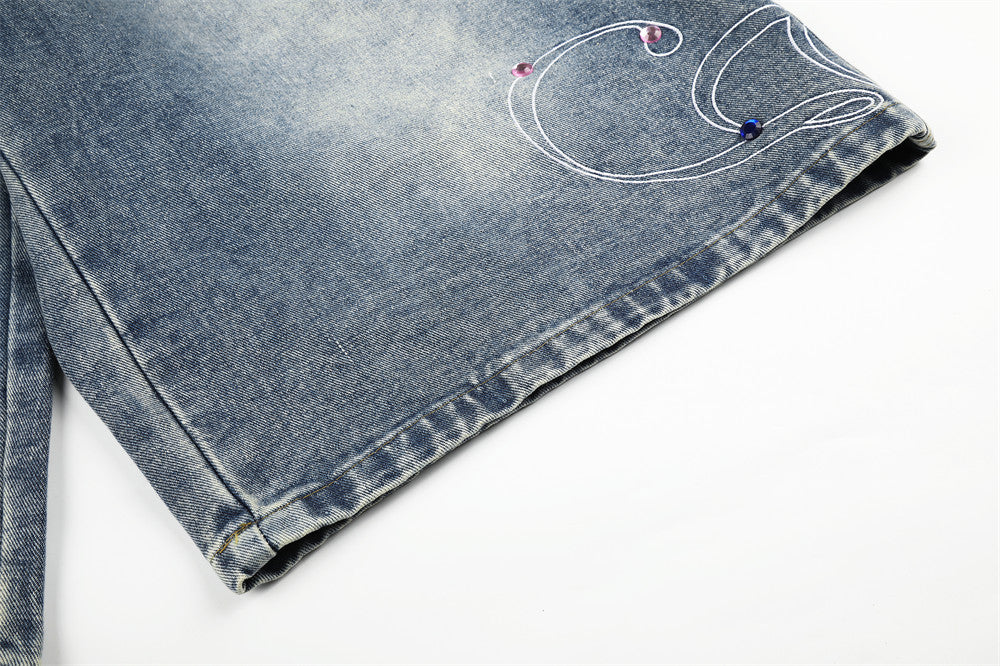 Men's Wide Leg Denim Shorts with Rhinestone Script Embroidery
