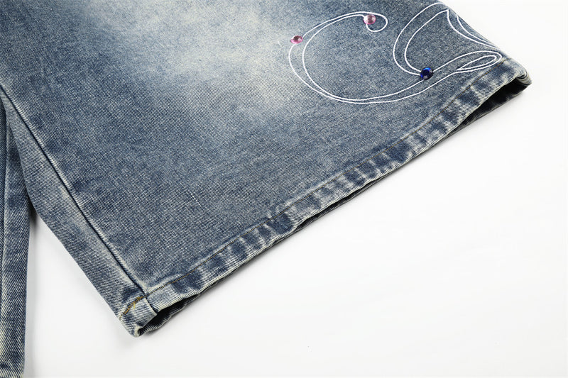 Men's Wide Leg Denim Shorts with Rhinestone Script Embroidery