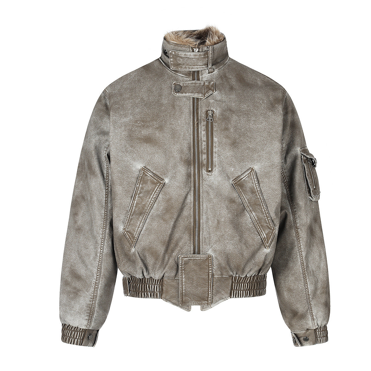 Vintage Washed Bomber Jacket with Faux Fur Collar — Oversized Padded Flight