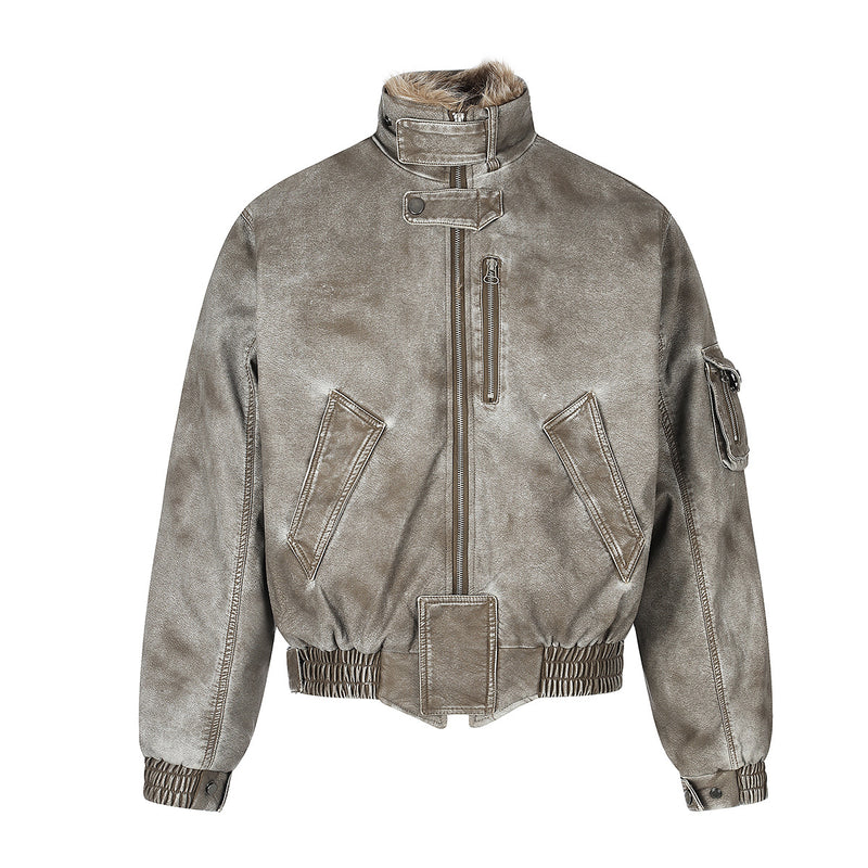 Vintage Washed Bomber Jacket with Faux Fur Collar — Oversized Padded Flight