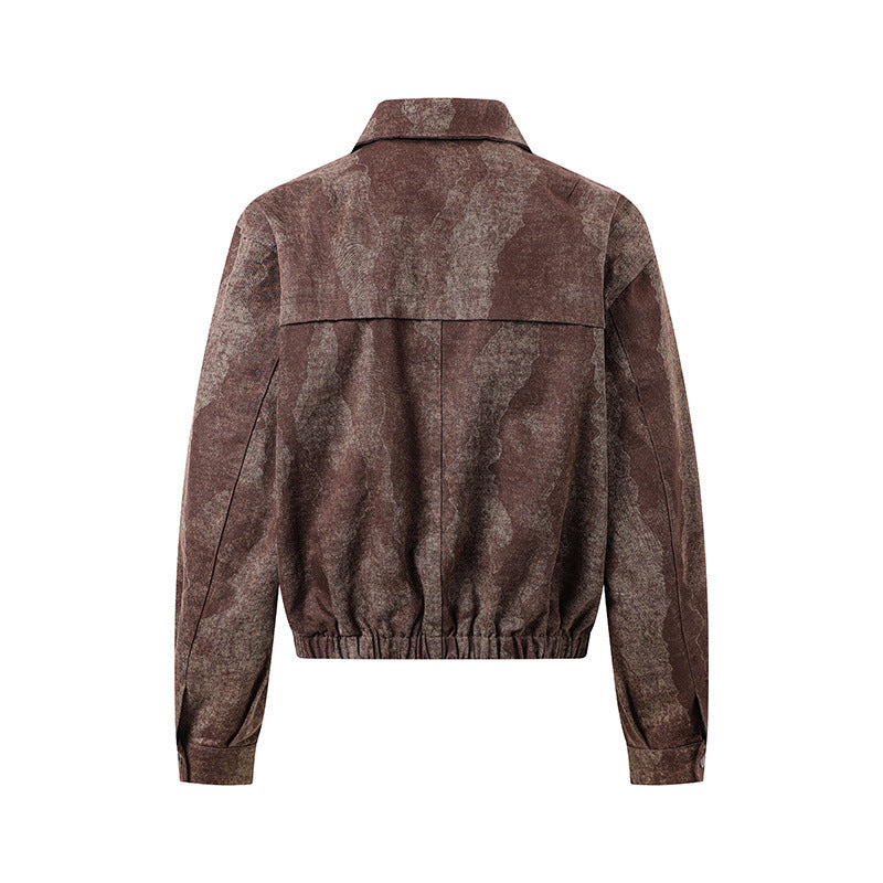 Men's Brown Bomber Jacket Vintage Washed Camo-Pattern Zip-Up Outerwear