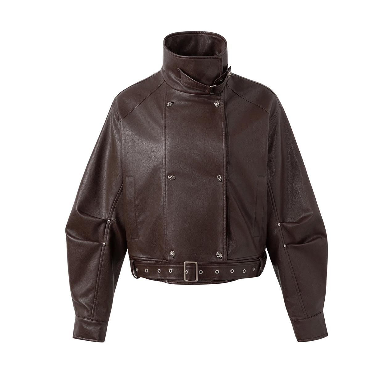 Vintage Double-Breasted Moto Leather Padded Jacket with Belt