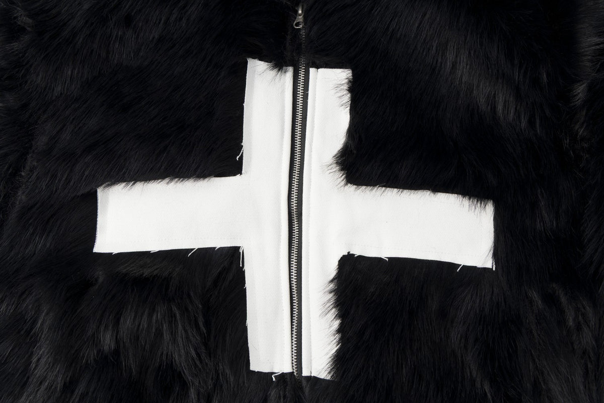 Faux Fur Hooded Bomber Jacket – Black with White Cross Patch