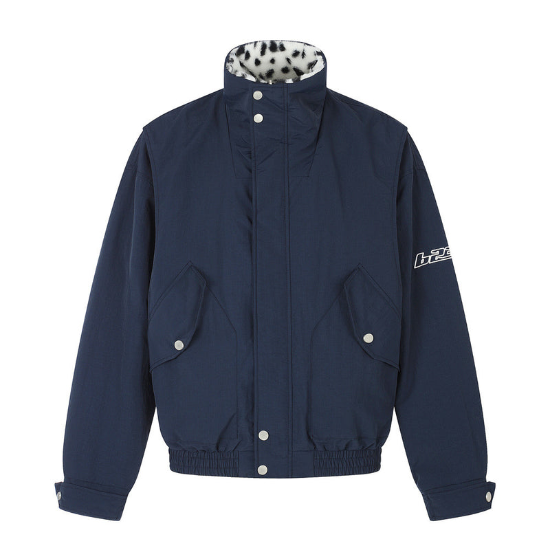 Reversible Stand-Collar Jacket Men's Dalmatian Faux Fur & Nylon Oversized Bomber