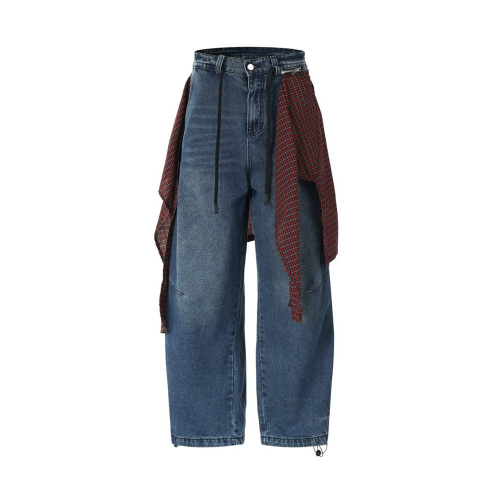 Wide-Leg Baggy Jeans with Detachable Plaid Skirt Overlay — Men's Punk Street