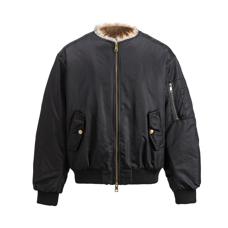 Faux Fur Collar Bomber Jacket with Quilted Lining