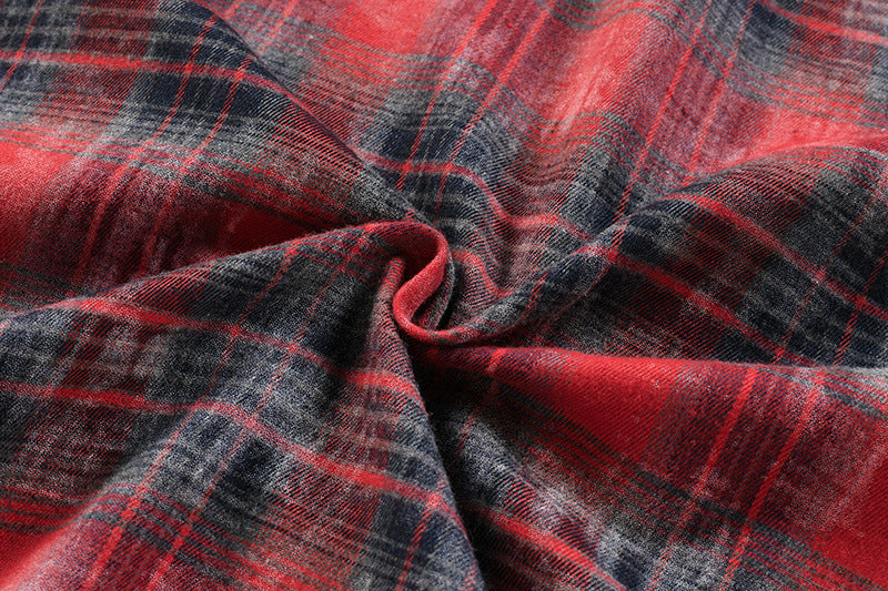 Washed Plaid Long Sleeve Shirt with American Flag Patchwork – Oversized